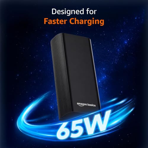 Image of Amazon Basics 27000 mAh Power Bank, 65W Fast Charging, Outputs (2 Type C & 1 USB) PD3.0, for iPhone, Android, Laptop, Tablets, Earbuds, Flight Friendly, Metallic Body (Black)