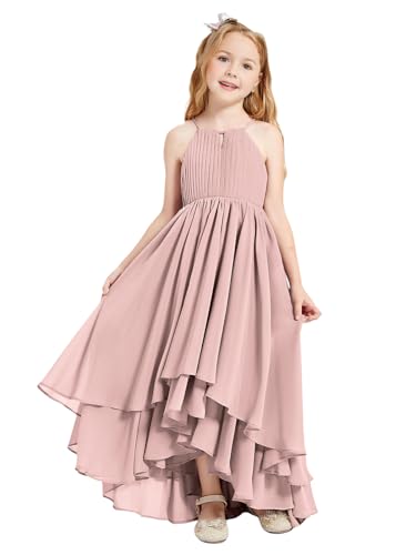 Halter Junior Bridesmaid Dresses with Pockets 2025 A Line High Low Layered Chiffon Flower Girl Dress for Wedding