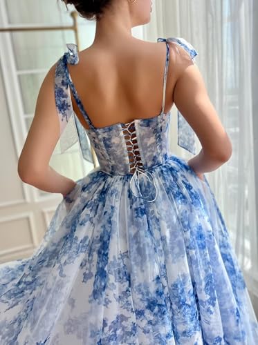 Floral Print Prom Dresses Tea Length Sweetheart Tie Straps Tulle Fairy Dress Cocktail Formal Party Gowns3
