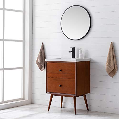 Eviva Caramel 24 Inch Teak Mid Century Bathroom Vanity With Porcelain Top And Dovetail Drawers #TOP2