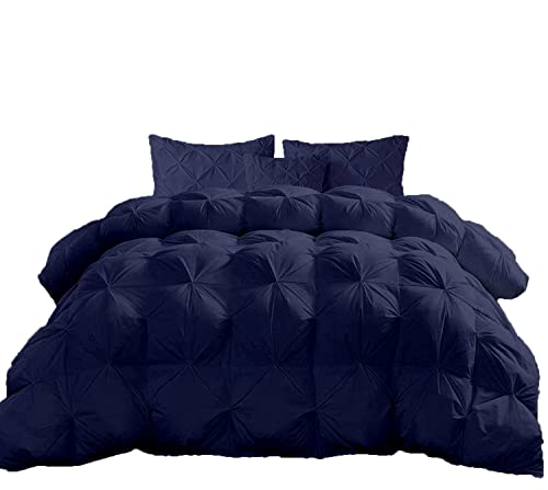 Navy Blue Solid Premium Quality 1000-TC Pinch Pleated Down Comforter- Oversized Queen Size 98 x 98 Inches 1 Piece All-Season Duvet Insert, 500 GSM with Corner Tabs 100% Egyptian Cotton