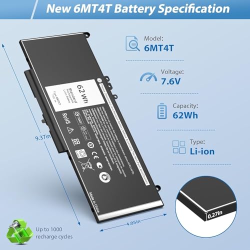 Image of WeFly E5470 E5570 Battery 62WH 6MT4T Battery for Dell Latitude 14 5470 E5470 15 5570 E5570 Notebook 15.6 inch Part Number:7V69Y TXF9M 79VRK 07V69Y 7.6V 4-Cell (6MT4T)