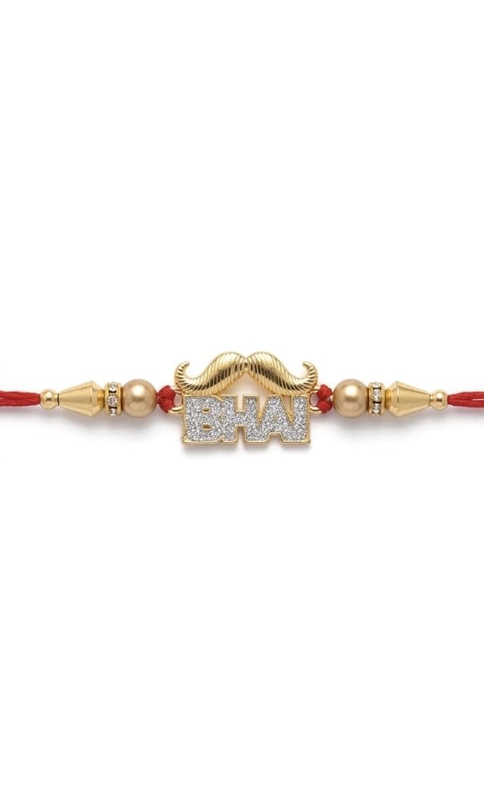 Bhai Rakhi with Mustache Charm, Red Thread, Gold Beads, Rakshabandhan Rakhi (Pack of 12)-image-8