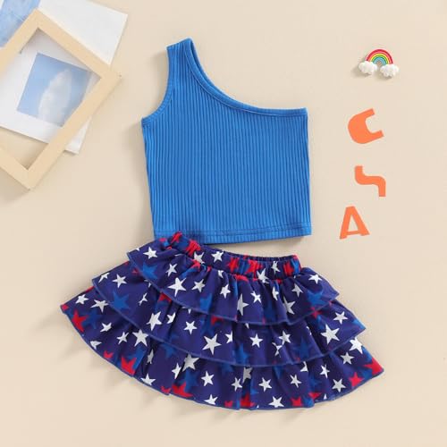 Image of BeQeuewll 4th of July Toddler Girls Outfits Solid One Shoulder Sleeveless Tank Crop Tops Stars Ruffles Skirts 2Pcs Clothes (Star-Blue, 12-18 Months)