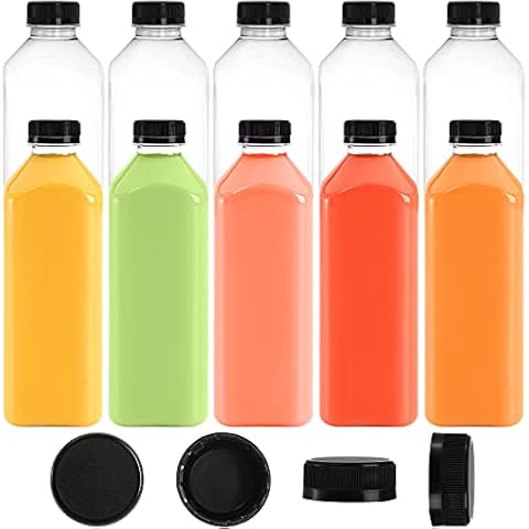 Cedilis 10 Pack 33oz Plastic Juice Bottles with Black Cap, Clear Reusable Containers with Lids, Great Disposable Bottles for Making Juice, Milk, Salad Dressing, Smoothie and Other Beverages Cover