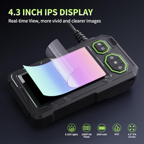 Endoskopkamera mit Licht 5M, Hopefox 1080P HD Industrie Endoskop mit 4.3-Zoll-IPS- Bildschirm, IP67 Wasserdicht Inspektionskamera mit 8 LEDs, 8mm Rohrkamera Kanalkamera mit Halbstarres Kabel