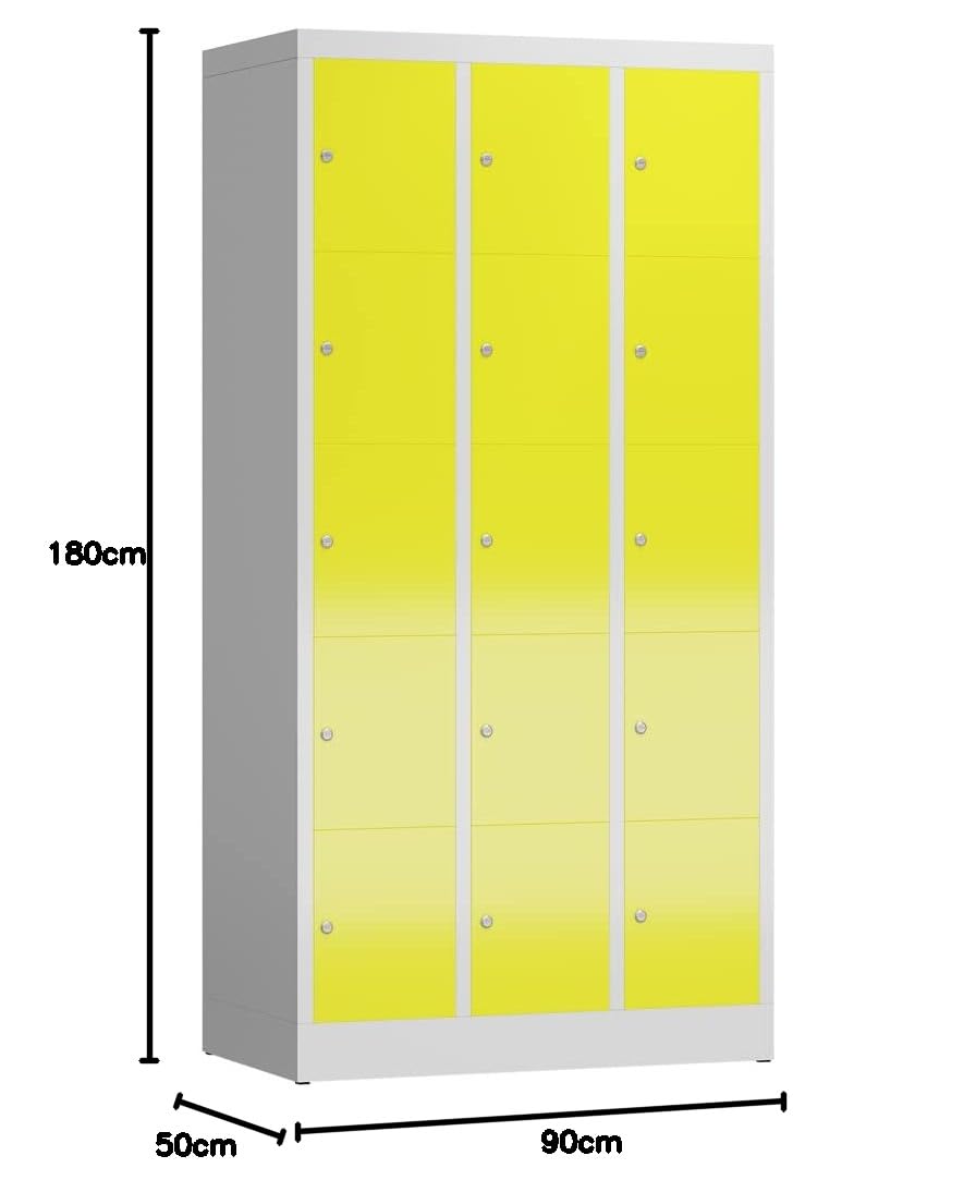 Lüllmann 15 Fächer Spind Schließfachschrank kompl. montiert und verschweißt Wertfachschrank Fächerschrank Spind Umkleideschrank (RAL 7035/1018 lichtgrau/zinkgelb)