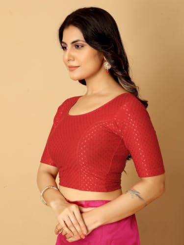 Image of Amazon Brand - Anarva Round Neck Dobby Cotton Lycra Stretchable Elbow Half Sleeve Readymade Saree Blouse for Women Stylish