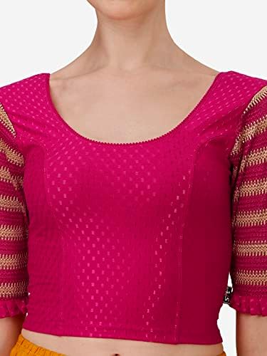 SFT Round Neck Cotton Lycra Stretchable Laced Elbow Sleeves Readymade Saree Blouse for Women Stylish (Shibani