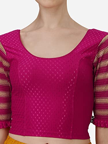 Image of SFT Round Neck Cotton Lycra Stretchable Laced Elbow Sleeves Readymade Saree Blouse for Women Stylish (Shibani