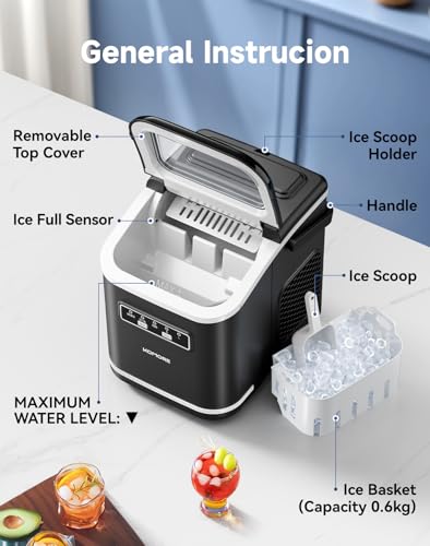 Ice Maker with Handle, 2 Sizes of Bullet Ice Maker Machine, 9 Cubes Ready in 6 Mins, 12Kg/24H, Visual Window, Ice Scoop & Basket, Self-Cleaning, Removable Top Cover, Perfect for Home/Office/Bar - Image 6