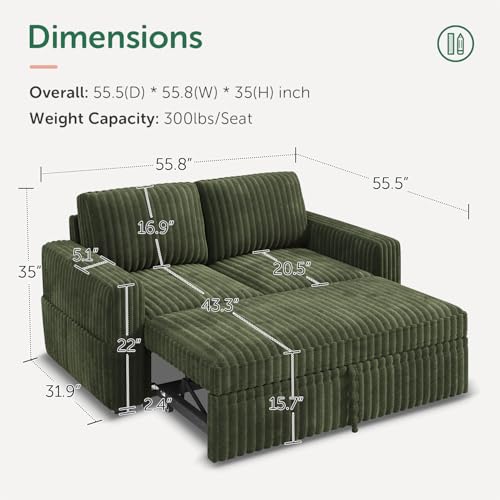 Image of HONBAY Modular Pull Out Sofa Bed,Corduroy Loveseat, Couches for Living Room,Green