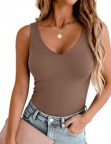Zeagoo Womans Tops V Neck Double Lined Basic Tank Tops Sleeveless Summer Tanks Layering Spring Work Shirt Outfits Brown