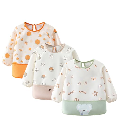 EOAMGO Weaning Bibs With Sleeves, Waterproof Feeding Bib For Baby & Toddler, Long Sleeve Coverall Apron 3 Pack, Easy Clean Unisex Bib With Pocket (Multicolor, L)