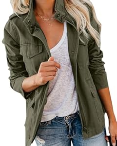 Imily Bela Veste pour femmes, veste utilitaire pour dames, col montant, parka légère avec plusieurs poches, automne, vert militaire, S