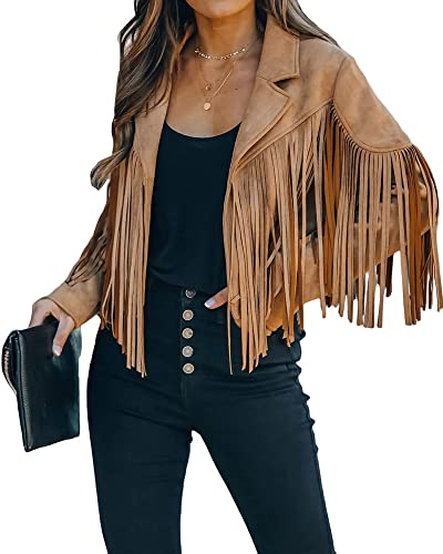 yoeasy Women Faux Suede Leather Tassel Coat Lapel Long Sleeve Motorcycle Short Fringe Jacket