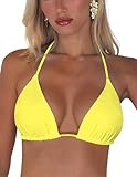 Tainehs Women's Triangle Bikini Top Halter Padded Push Up String Bikini Top Brazilian Bathing Suit Top Only Yellow