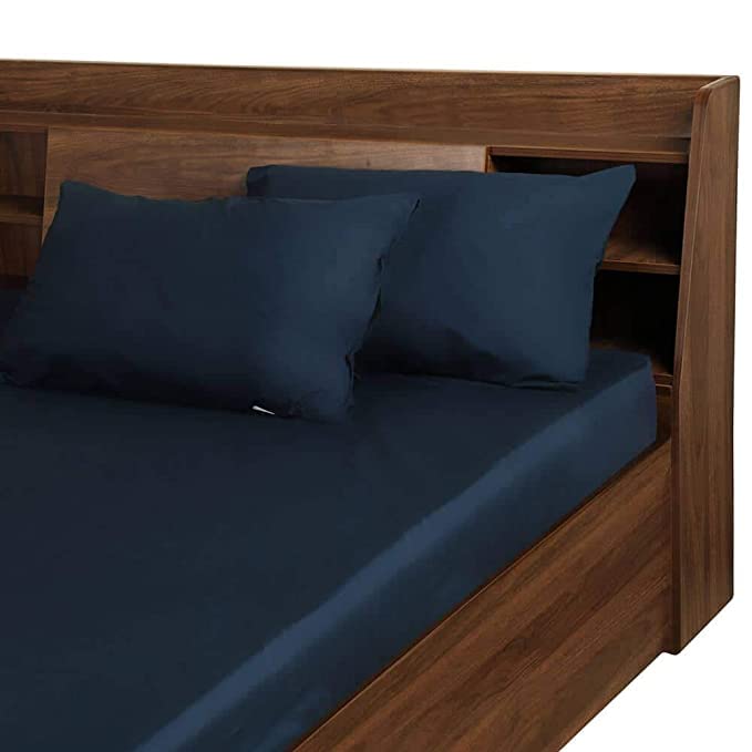 Image of Flat Bed Sheet with 2 Pillow Covers 600 Thread Count 100% Egyptian Cotton Bedsheet Double Size Navy Blue Comfortable & Durable Sheet