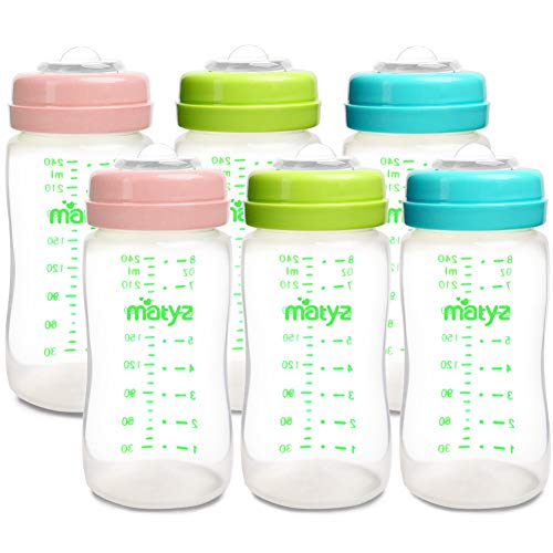 Matyz 6-Pack Breast Milk Storage Bottles (8oz, 3 Colors) - Wide Neck Breastmilk Collection and Storage Bottle - Formula Storage Bottles Compatible with Medela Avent Spectra Pumps