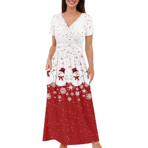 Image of Women's Fall Summer Short Sleeve Ankle Length V-Neck Party Dress with Pockets Size S-3XL