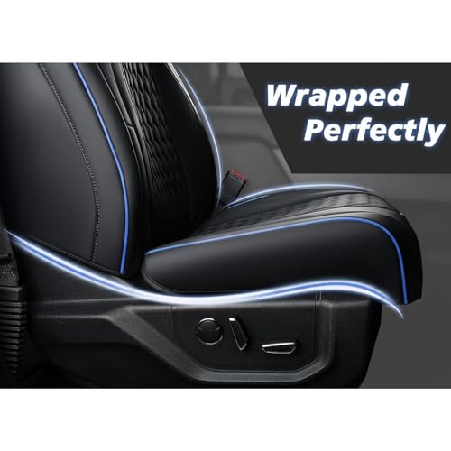 Image of Coverado Front Seat Covers for Ford F150 2015-2026, F250 /F350 /F450 2017-2026 SuperCrew Crew Cab, Full Coverage Leather Car Seat Covers, Blue Line