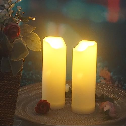 Image of 2 Pack LED Flameless Candles with Remote Battery Operated Outdoor LED Lights 2 inchx 6 inch Fake Flickering Waterproof Candles for Home Decorations Garden Decor Wedding Party Christmas Party