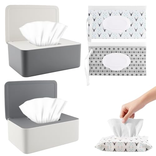 Zosenyer Caja Toallitas Húmedas, 2 Piezas Caja para Toallitas y 2 Piezas Bolsa Toallitas Bebe Portátil, Reutilizables Caja de Pañuelos con Tapa, Bolsas Dispensadoras para Tejidos de Bebé