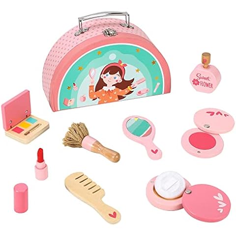 SOKA Wooden Makeup Pretend Play Toy Set Vanity Beauty Cosmetic Make Up Kit with Cute Case Makeover Role Play Games for Kids Little Girls Ages 3 year old + Cover