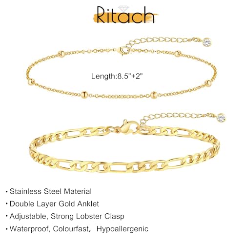 Image of Ritach Ankle Bracelets for Women - Silver /Gold Plated Stainless Steel Anklets for Women Waterproof Layered Cuban Link Figaro Chain Heart Anklets Set Summer Beach Jewelry Gifts