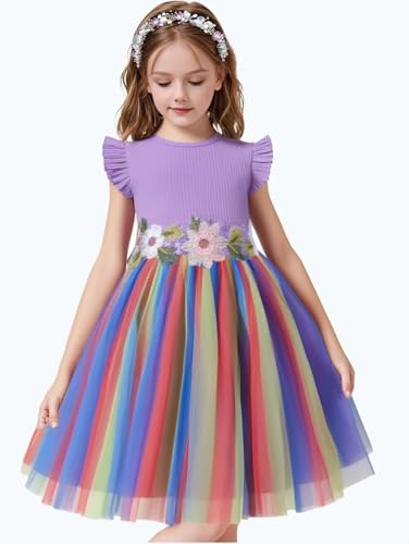 Image of HILEELANG Little Flower Girl Tulle Tutu Dress Easter Cotton Ribbed Birthday Wedding Party Princess Dresses