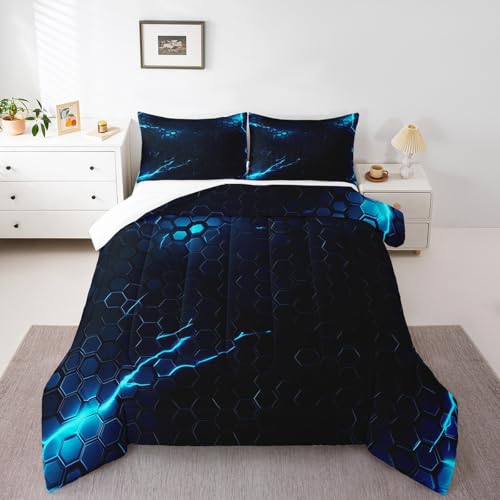 Image of Feelyou Lightning Honeycomb Comforter Hexagon Comforter Set Geometric Beehive Bedding Set for Kids Boys Girls Beehive Hexagon Duvet Set Room Decor Quilt Twin Size Boys