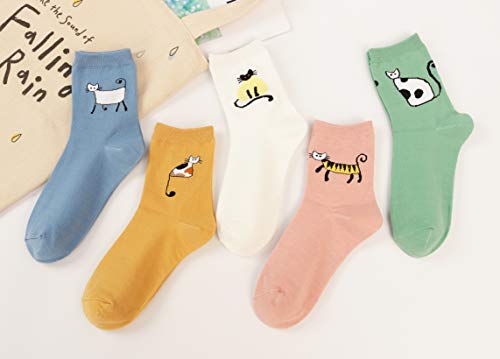 Leotruny Women's Colorful Cute Cat Crew Socks With Gift Box (X-5Pairs-Solid Color) #TOP3