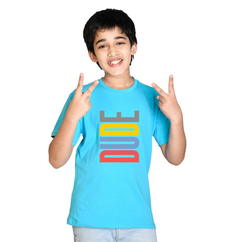 Image of Nusyl Boys Dude Text Printed Half Sleeve Regular Fit Tshirt, Cotton Blend Round Neck T-Shirt,