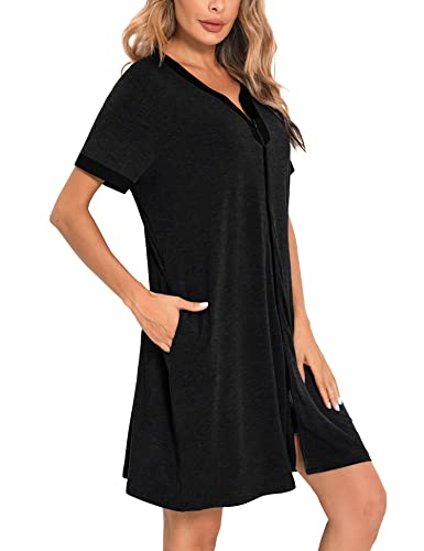 Swomog Womens Zip Upper House Coats Short Sleeve Robe Modal Nightgown Sleepwear Casual Nights With Pockets S-Xxl #TOP2