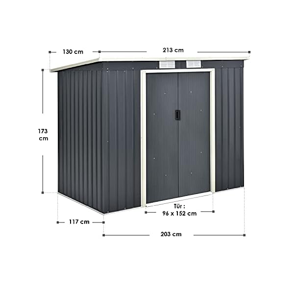 Juskys Metall Gerätehaus M 4m³ mit Pultdach, Schiebetür & Fundament - 213 × 130 × 173 cm - anthrazit - Geräteschuppen… – Bild 3
