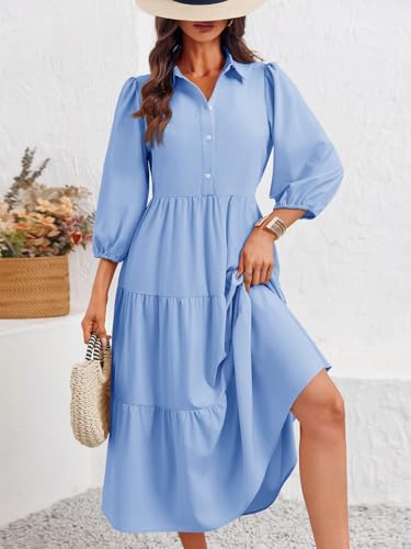 Image of Wenrine Womens Casual 3 /4 Sleeve Shirt Dress Button Down V Neck Tiered Collared Flowy Maxi Dress