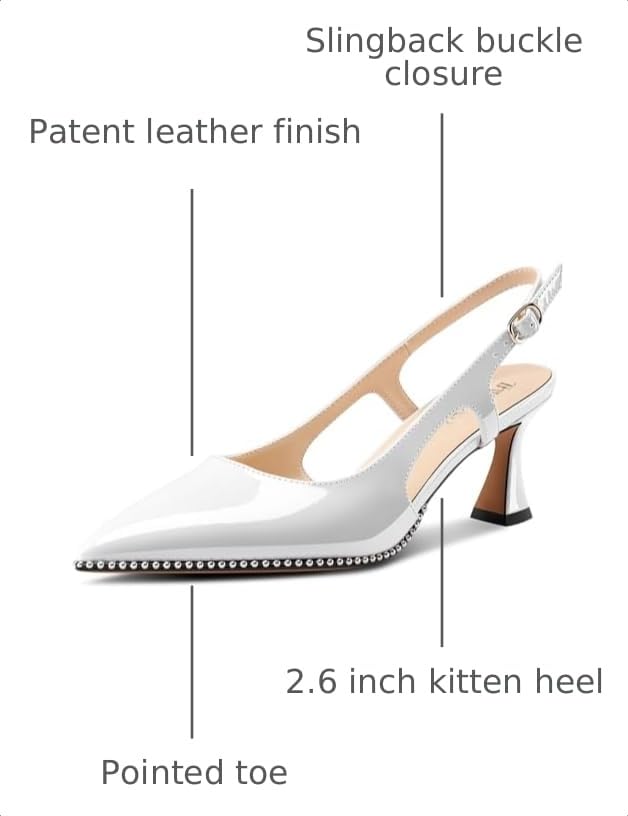 Image of TNYNFBEB Womens Kitten Heel Pointed Toe Pumps Sliver Beaded Slingback Slip-on Buckle Prom Dress Basic Classic Patent Leather Summer 2.6 Inches Heels