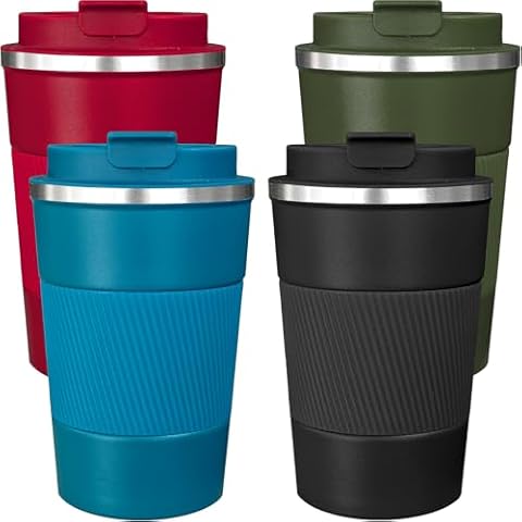 ATZNZIK 4 Pack Insulated Coffee Mug with Lid Travel Coffee Tumbler Stainless Steel Reusable Coffee Cups Thermal Coffee Mug for Hot and Iced Cold Drinks, 12oz Cover
