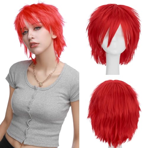 Image of S-noilite Unisex Short Red Wig With Bangs Fluffy Heat Resistant Synthetic Hair Wigs for Men Women Halloween Party Costume Cosplay Anime Comic-con Wigs