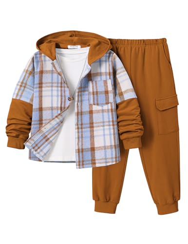Image of 2Pcs Boys Clothes Sweatsuit Set Hoodie Flannel Plaid Shirt and Jogger Pants for Kids Fall Winter Spring Outfits