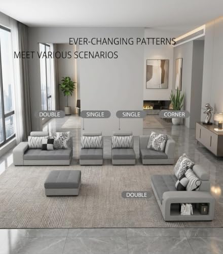 Image of Allister 12 Seater Sofa Set for Living Room (Black-Grey) | Interchangeable U Shape Sectional Sofa | Solid Wood Frame & High-Density Supersoft Foam | Includes Puffy & Stool | Modern Home Furniture