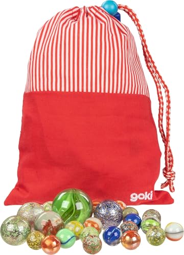 goki 63924 Murmelbeutel mit 50 bunten Glasmurmeln im Baumwollbeutel inkl. Spielanleitung ideal auch als Strandspielzeug