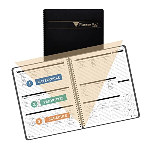 Planner Pad Spiral Bound 3-Tier Funnel Down Organizer, January 2022 Start, Black Cover/Black Ink, 8 1/2" x 11"