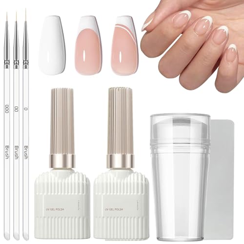 Nude French Manicure Kit - Jelly Nude and White Gel Nail Polish Set - French Manicure Nail Polish with Nail Stamper 3Pcs Nail Art Pen - Long Lasting French Manicure Gel for Home DIY Nail Salon