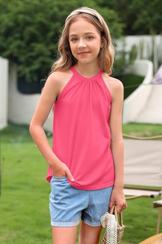 Image of BesserBay Girls Summer Back Button Halter Neck Tank Top Cold Shoulder Casual Blouse Pleated Sleeveless Shirts 5-14 Years