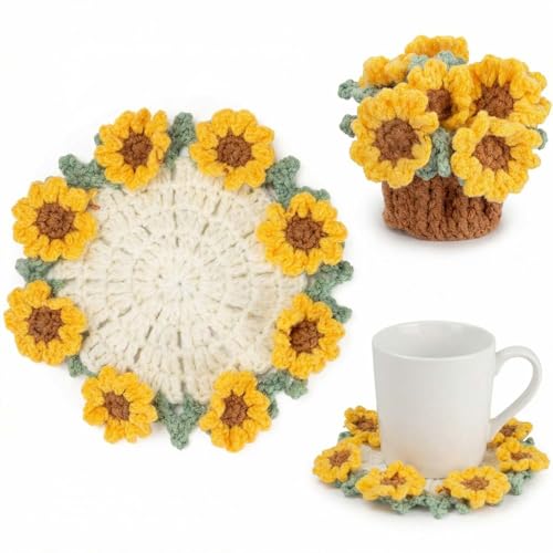 Blync Knitting Crochet Sunflower Potted Plants Flowers Soft Decorative Coasters Housewarming for Friends Family and Lover Handmade Flowers for Home Office Decoration Car Decoration