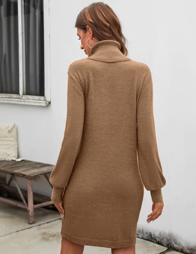 Image of BreathSunny Wedding Guest Sweater Dresses for Women Sexy Turtleneck Fall Knit Long Sleeve Dress Khaki M
