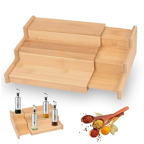 Vegena Spice Rack Kitchen Cabinet Organizer, Bamboo Wood 3-Tier Step Shelf Kitchen Organizer, Wooden Spice Rack, Spice Holder Cabinet Seasoning Tower For Kitchen, Jars, Salt Scalable Length