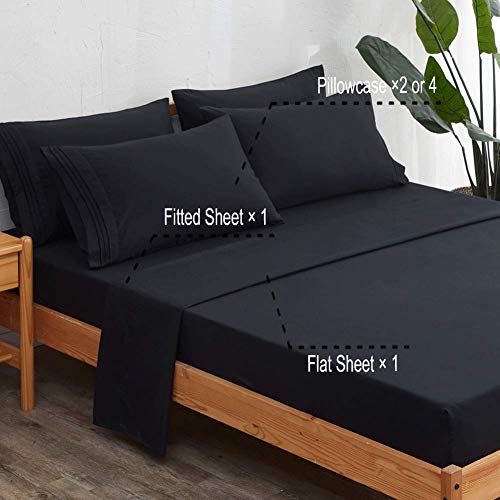 Image of SONORO KATE Bed Sheet Set Super Soft Microfiber 1800 Thread Count Luxury Egyptian Sheets 18-Inch Deep Pocket,Wrinkle and Hypoallergenic-6 Piece (Black, California King-6 Piece)