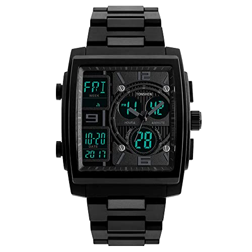 TONSHEN Sport Watch for Men Waterproof Multifunction Electronic LED Digital Watch Outdoor Military Three Time Zone Quartz Analog Black Plastic Watch Square Case Countdown Stopwatch 50M Water Resistant (B076VP1W8T) Amazon Price History, Amazon Price Tracker